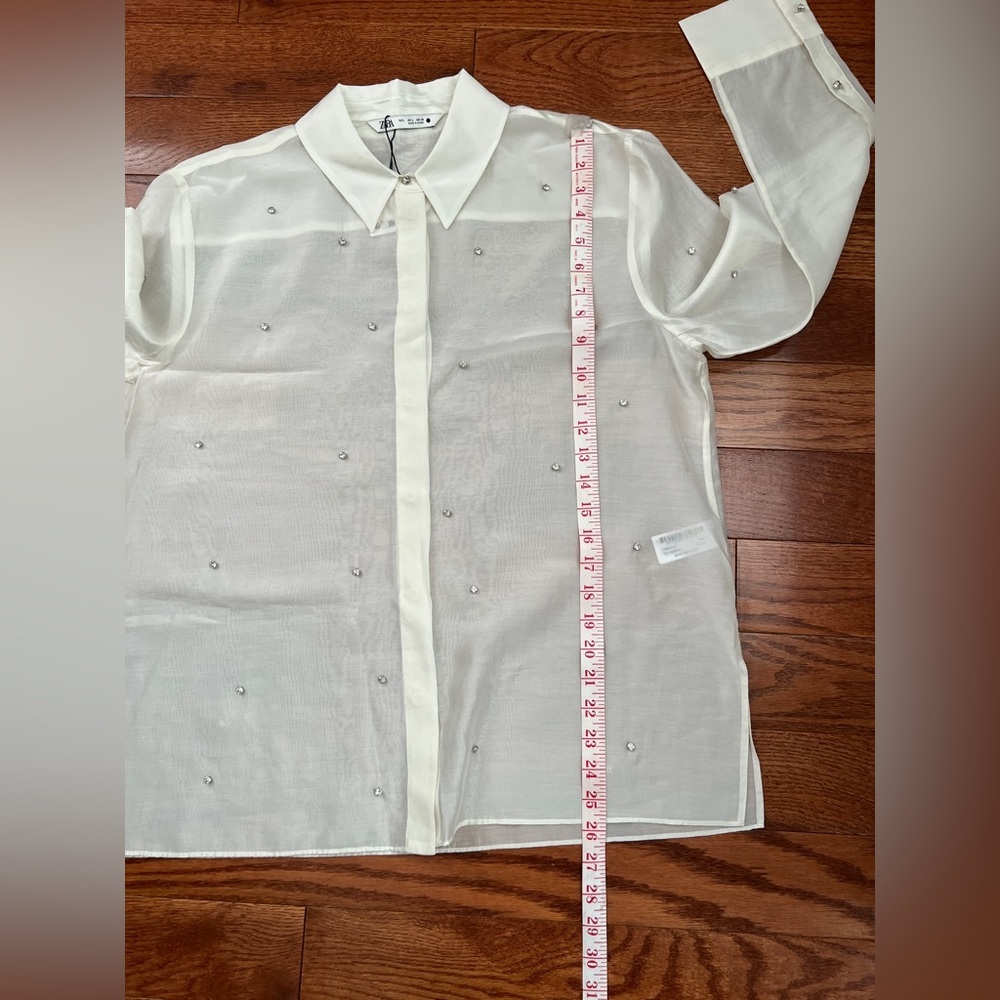 NWT!! Zara Oyster White Ecru Semi Sheer Shirt Blouse With Jewels Size L - Picture 13 of 14